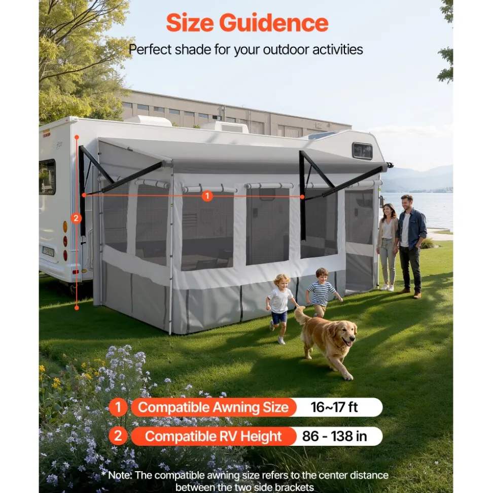 VEVOR RV Awning Sun Shade Room - Compatible with 16 -17 ft Awnings, RV Awning Sun Shading Room with Door & Ventilated Mesh Windows, Sunproof & Windproof Three-Sided Enclosure Tent for RV Camping