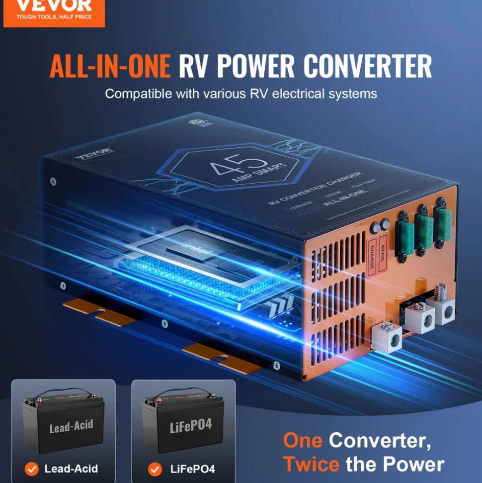 VEVOR RV Converter, 45 Amp, 110V AC to 12V DC RV Power Converter Battery Charger with 4 Stage Smart Charging 13V to 16.5V Adjustable Operating Range, Compatible with Lithium Lead Acid Battery, ETL
