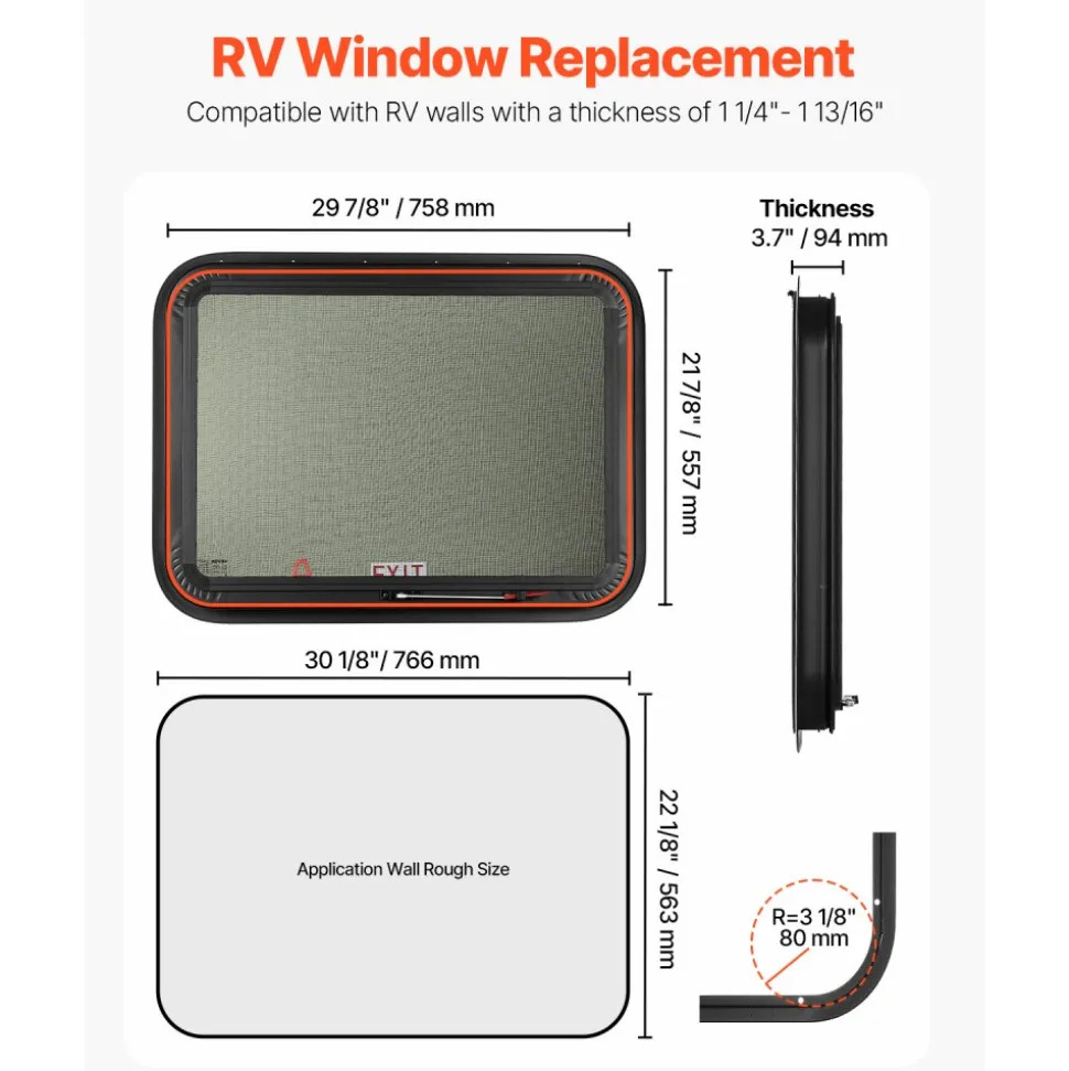 VEVOR RV Exit Window, 30" W x 22" H Tinted RV Window with Net Screen and Trim Ring, Fit for 1 1/4" - 1 13/16" Thickness Wall, RV Window Replacement for Teardrop Cargo Trailer Camper, DOT Approved