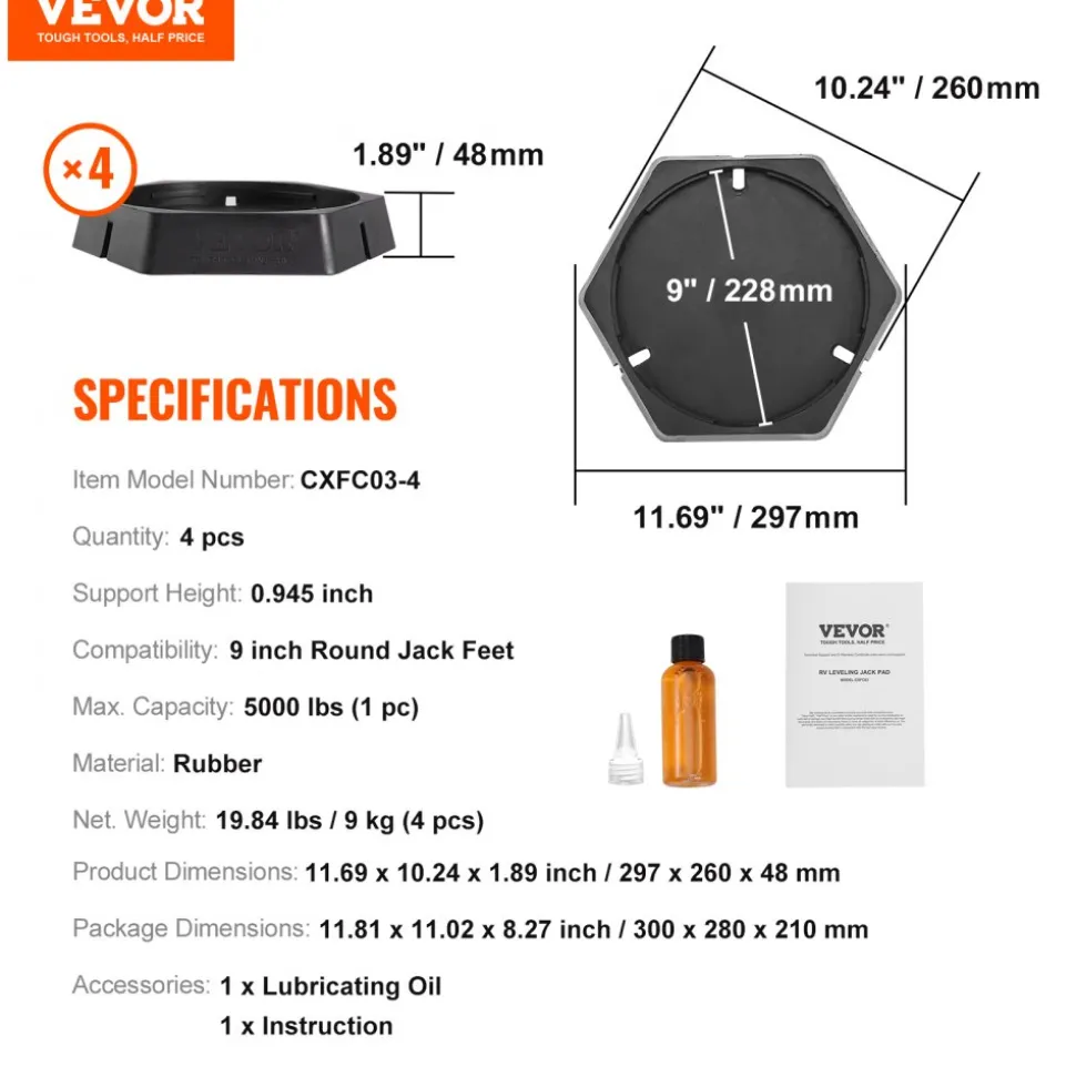 VEVOR RV Leveling Pads, 9 Inch Round Landing Feet, Permanent Attached Jack Stabilizers, Rubber Jack Pads, 5000 lbs Capacity per RV Jack Pad, 5th Wheels, Travel Trailers, Class A/C Motorhomes (4-Pack)