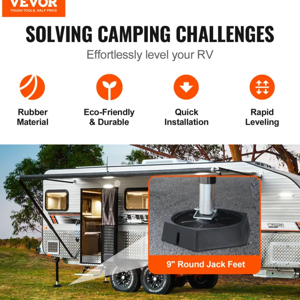 VEVOR RV Leveling Pads, 9 Inch Round Landing Feet, Permanent Attached Jack Stabilizers, Rubber Jack Pads, 5000 lbs Capacity per RV Jack Pad, 5th Wheels, Travel Trailers, Class A/C Motorhomes (4-Pack)