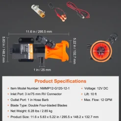 VEVOR RV Portable Macerator Pump, 12V, 12GMP Quick Release RV Waste Pump, RV Sewage Sewer Pump with Detachable Quick Connection Valve Metal Hose Clamp Power Cord, for RV Boat Marine Motorhome Camper