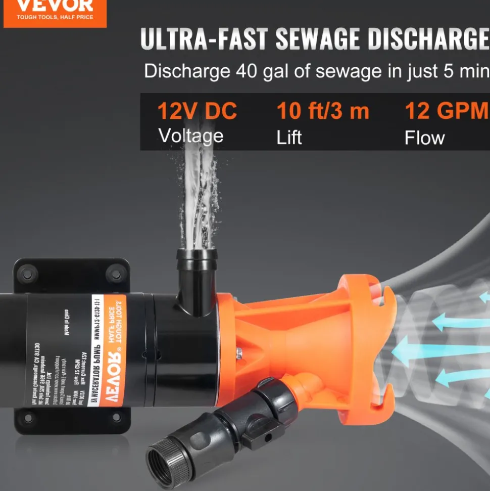 VEVOR RV Portable Macerator Pump, 12V, 12GMP Quick Release RV Waste Pump, RV Sewage Sewer Pump with Detachable Quick Connection Valve Metal Hose Clamp Power Cord, for RV Boat Marine Motorhome Camper