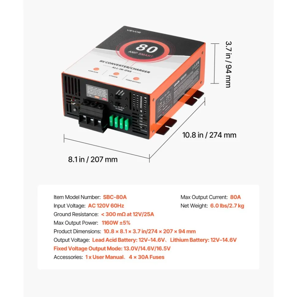 VEVOR RV Power Converter, 80 Amp, 110V AC to 12V DC RV Converter Battery Charger, Multi Stage Smart Charging, 13V to 16.5V Operating Range, Compatible with Lithium & Lead Acid Battery, for Camper