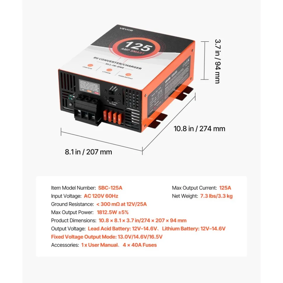 VEVOR RV Power Converter, 125 Amp, 110V AC to 12V DC RV Converter Battery Charger, Multi Stage Smart Charging, 13V to 16.5V Operating Range, Compatible with Lithium & Lead Acid Battery, for Camper