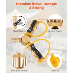 VEVOR RV Propane Quick Connect Y Splitter Adapter with Shutoff Valve, 2 Way 1/4 inch Quick Disconnect Kit, Fits for RV Trailer, Quick Connect Propane Hose Connect to Motorhome Tabletop Camping Grill