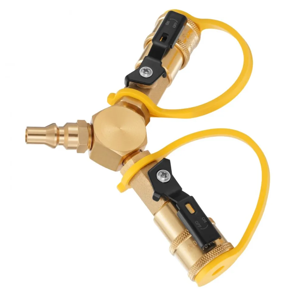 VEVOR RV Propane Quick Connect Y Splitter Adapter with Shutoff Valve, 2 Way 1/4 inch Quick Disconnect Kit, Fits for RV Trailer, Quick Connect Propane Hose Connect to Motorhome Tabletop Camping Grill