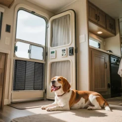 VEVOR RV Screen Door Protector, Adjusts from 22 to 31.5 inch, Adjustable Door Grille, Easy to Install, Reinforced Breathable Honeycomb Holes, Iron Camper RV Entry Protector for Pet Protection, Black