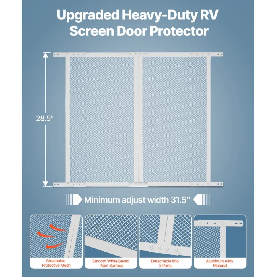 VEVOR RV Screen Door Protector, 28.5 x 31.5 inch Door Grille, Easy to Install and Disassemble, Reinforced Breathable Protective Mesh, Aluminum Alloy Camper RV Entry Protector for Pet Protection, White