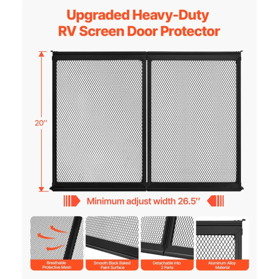 VEVOR RV Screen Door Protector, 26.5 x 20 inch Door Grille, Easy to Install and Disassemble, Reinforced Breathable Protective Mesh, Aluminum Alloy Camper RV Entry Protector for Pet Protection, Black