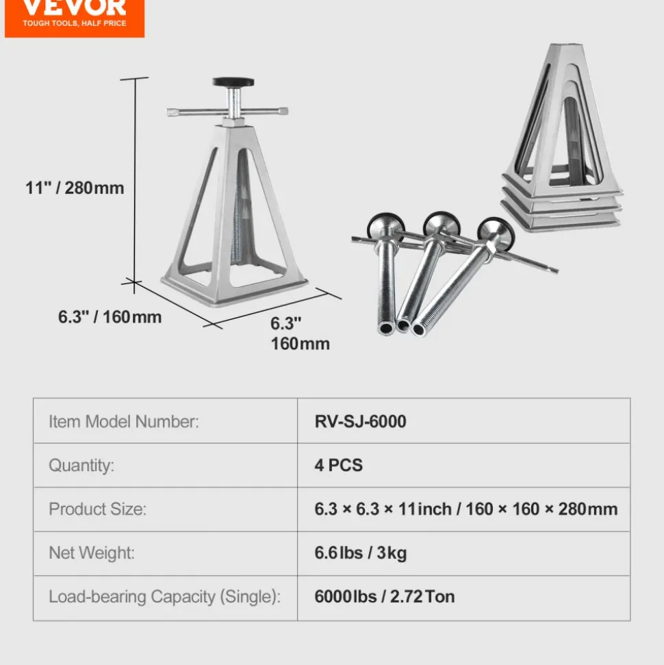 VEVOR RV Stabilizer Jacks, 4 Pack Aluminum RV Leveling Jacks, RV Stack Jacks for RV Travel Trailer Camper, Single Screw Jack Support up to 6000 Lbs, Adjustable from 11 inch to 17 inch