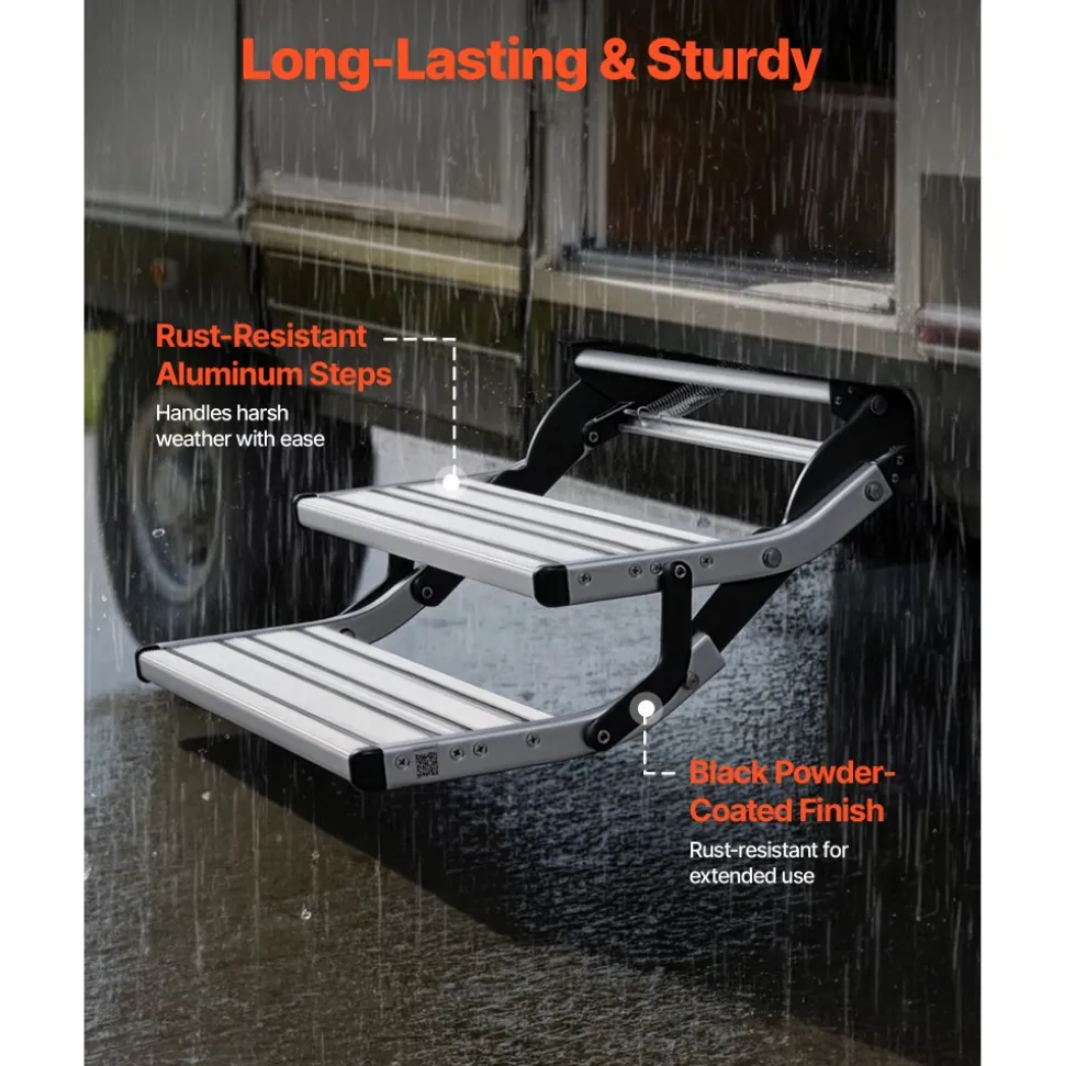 VEVOR RV Steps, 2-Step, 440 lbs Load Capacity, Manual Retractable RV Stairs, Telescopic Folding Aluminum Alloy Camper Steps, Steel Frame Non-Slip Entry Stairs for Camper Van Motorhome Travel Trailer