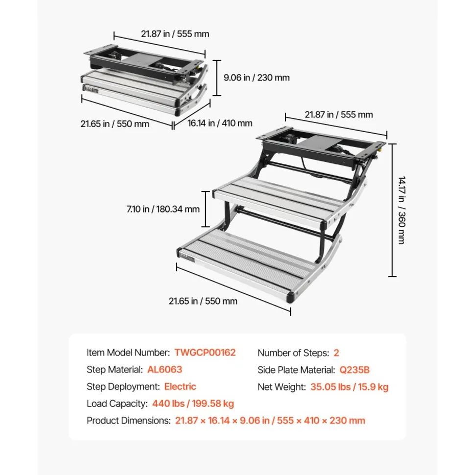VEVOR RV Steps, 2-Step, 440 lbs Load Capacity, Electric Retractable RV Stairs, Telescopic Folding Aluminum Alloy Camper Steps, Steel Frame Non-Slip Entry Stair for Camper Van Motorhome Travel Trailer