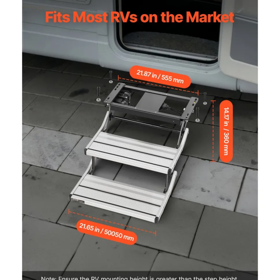 VEVOR RV Steps, 2-Step, 440 lbs Load Capacity, Electric Retractable RV Stairs, Telescopic Folding Aluminum Alloy Camper Steps, Steel Frame Non-Slip Entry Stair for Camper Van Motorhome Travel Trailer