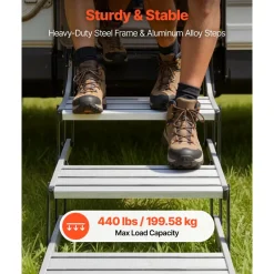 VEVOR RV Steps, 3-Step, 440 lbs Load Capacity, Manual Retractable RV Stairs, Telescopic Folding Aluminum Alloy Camper Steps, Steel Frame Non-Slip Entry Stairs for Camper Van Motorhome Travel Trailer
