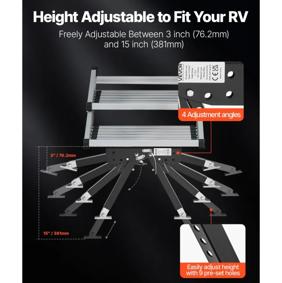 VEVOR RV Step Stabilizer, Height Adjustable Step Stabilizer Kit, Camper Stair Stabilizers with Powder Coated Steel for 5th Wheels, Travel Trailers and Motorhomes, Adjustable from 3 inch to 15 inch