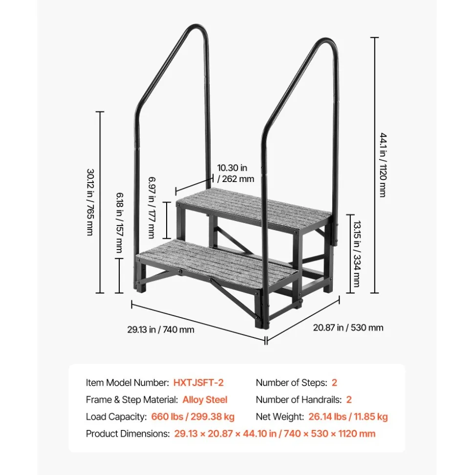 VEVOR RV Steps with Dual Handrails, 2 Steps, 660 lbs Load Capacity, Heavy Duty Outdoor RV Stairs with Non-Slip Mat for Elderly/Pets, Portable Stairs for Hot Tub, Camper, Mobile Home, Porch, Pool, SPA