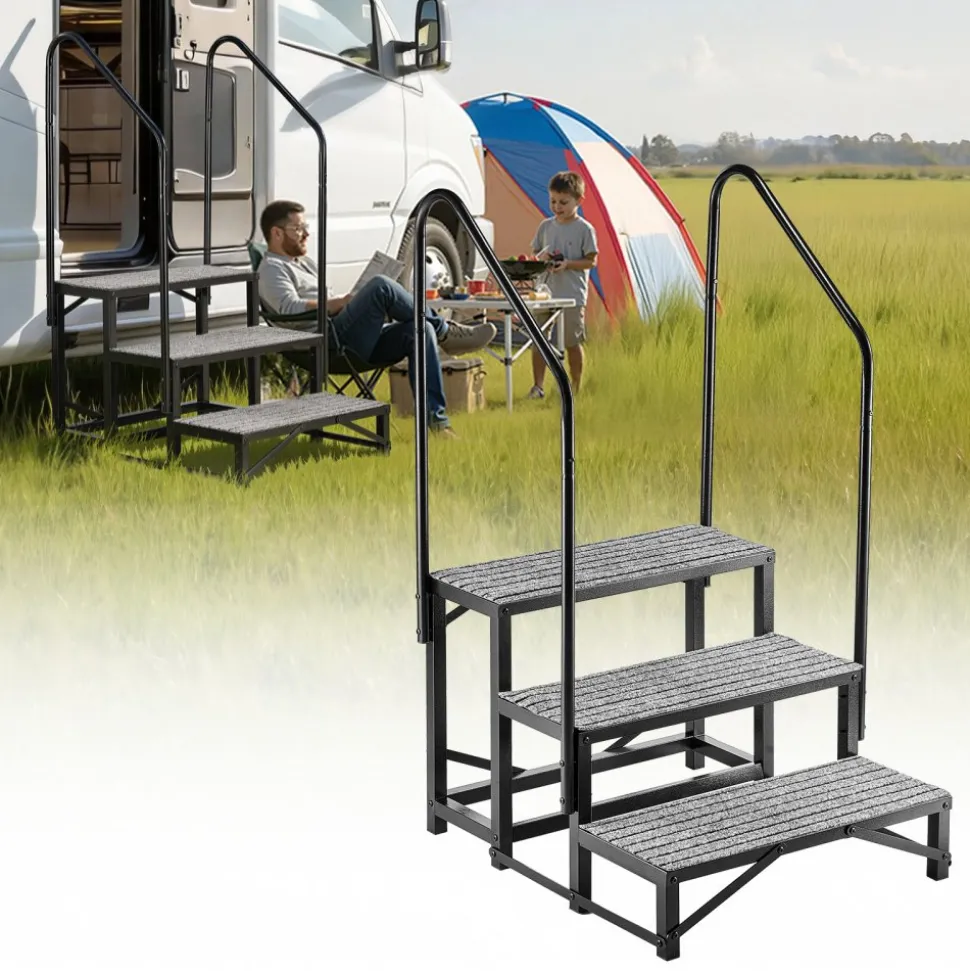 VEVOR RV Steps with Dual Handrails, 3 Steps, 660 lbs Load Capacity, Heavy Duty Outdoor RV Stairs with Non-Slip Mat for Elderly/Pets, Portable Stairs for Hot Tub, Camper, Mobile Home, Porch, Pool, SPA