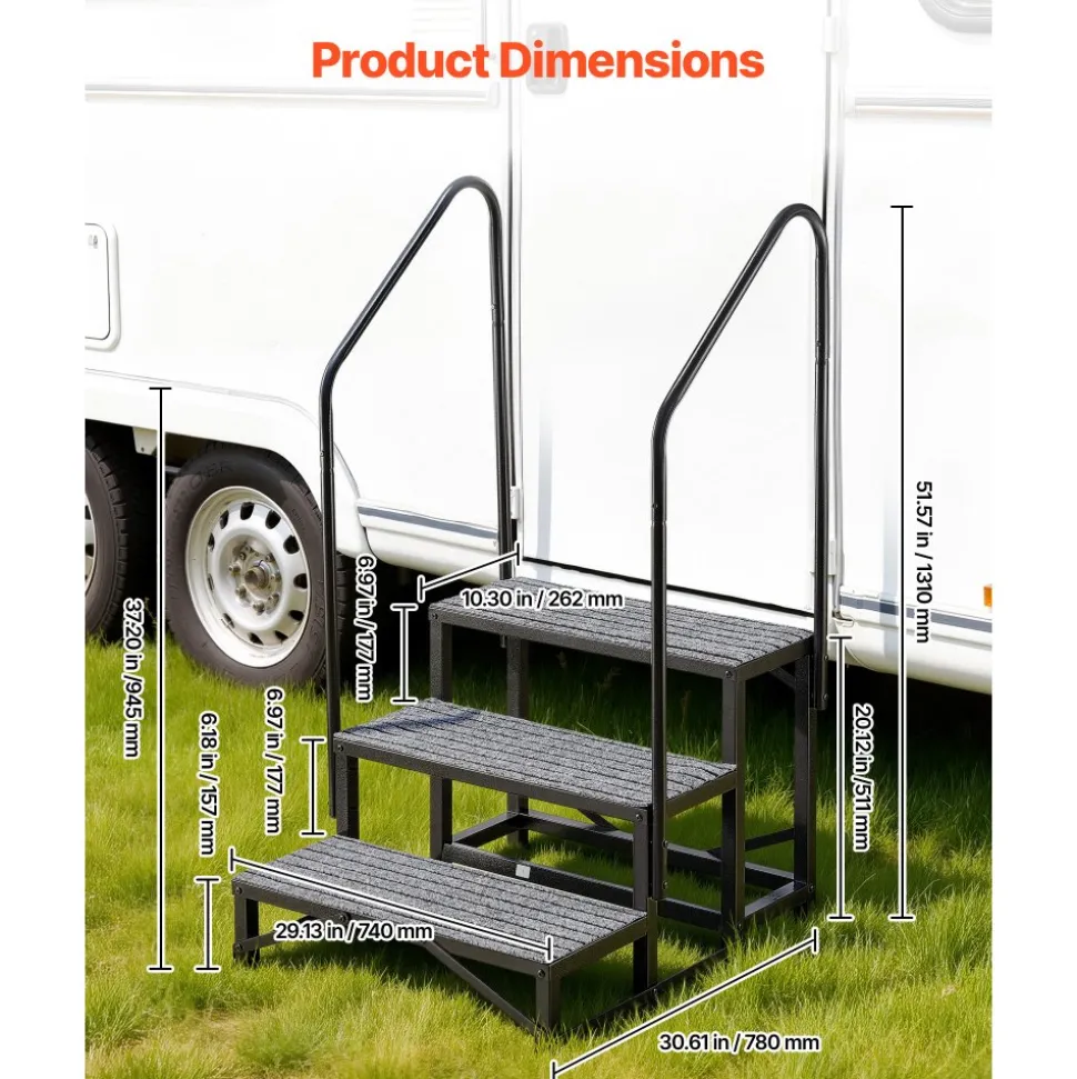 VEVOR RV Steps with Dual Handrails, 3 Steps, 660 lbs Load Capacity, Heavy Duty Outdoor RV Stairs with Non-Slip Mat for Elderly/Pets, Portable Stairs for Hot Tub, Camper, Mobile Home, Porch, Pool, SPA