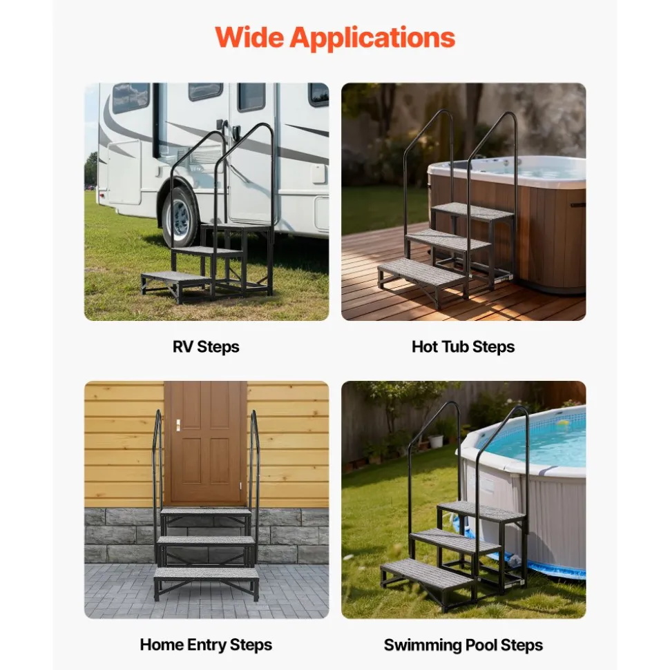 VEVOR RV Steps with Dual Handrails, 3 Steps, 660 lbs Load Capacity, Heavy Duty Outdoor RV Stairs with Non-Slip Mat for Elderly/Pets, Portable Stairs for Hot Tub, Camper, Mobile Home, Porch, Pool, SPA