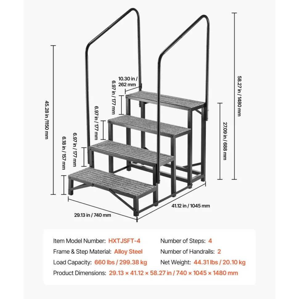 VEVOR RV Steps with Dual Handrails, 4 Steps, 660 lbs Load Capacity, Heavy Duty Outdoor RV Stairs with Non-Slip Mat for Elderly/Pets, Portable Stairs for Hot Tub, Camper, Mobile Home, Porch, Pool, SPA