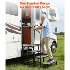 VEVOR RV Steps with Dual Handrails, 4 Steps, 660 lbs Load Capacity, Heavy Duty Outdoor RV Stairs with Non-Slip Mat for Elderly/Pets, Portable Stairs for Hot Tub, Camper, Mobile Home, Porch, Pool, SPA