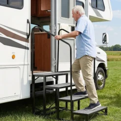 VEVOR RV Steps with Dual Handrails, 4 Steps, 660 lbs Load Capacity, Heavy Duty Outdoor RV Stairs with Non-Slip Mat for Elderly/Pets, Portable Stairs for Hot Tub, Camper, Mobile Home, Porch, Pool, SPA