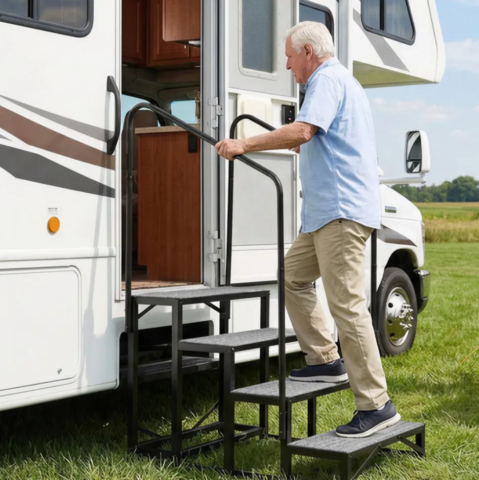 VEVOR RV Steps with Dual Handrails, 4 Steps, 660 lbs Load Capacity, Heavy Duty Outdoor RV Stairs with Non-Slip Mat for Elderly/Pets, Portable Stairs for Hot Tub, Camper, Mobile Home, Porch, Pool, SPA