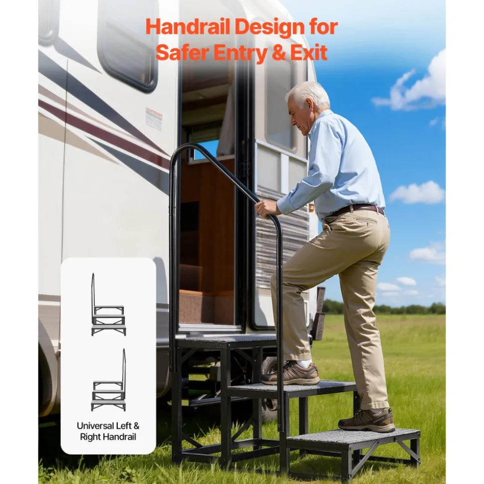 VEVOR RV Steps with Handrail, 3 Steps, 660 lbs Load Capacity, Heavy Duty Outdoor RV Stairs with Non-Slip Mat for Elderly and Pets, Portable Stairs for Hot Tub, Camper, Mobile Home, Porch, Pool, SPA
