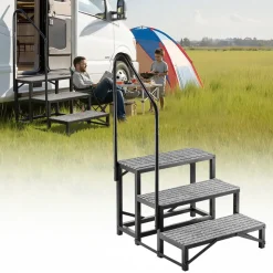 VEVOR RV Steps with Handrail, 3 Steps, 660 lbs Load Capacity, Heavy Duty Outdoor RV Stairs with Non-Slip Mat for Elderly and Pets, Portable Stairs for Hot Tub, Camper, Mobile Home, Porch, Pool, SPA