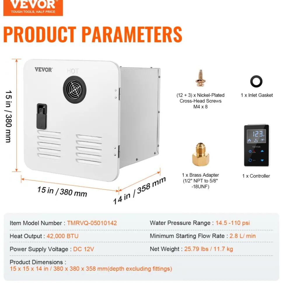 VEVOR RV Tankless Water Heater, Instant Shower with 15 x 15 inches White Door and Remote Controller, 42000BTU Optimized Comfort Performance Propane Hot Water Heater, for RVers' Family Use, White