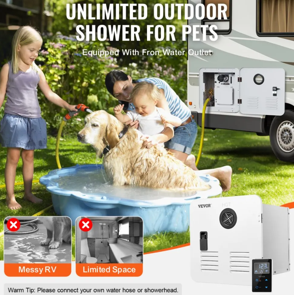 VEVOR RV Tankless Water Heater, Instant Shower with 15 x 15 inches White Door and Remote Controller, 42000BTU Optimized Comfort Performance Propane Hot Water Heater, for RVers' Family Use, White