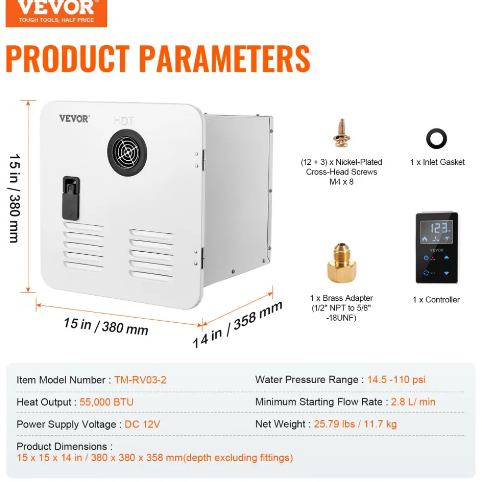 VEVOR RV Tankless Water Heater, Instant Shower with 15 x 15 inches White Door and Remote Controller, 55000BTU Optimized Comfort Performance Hot Water, Ideal for RVers' Family Everyday Use