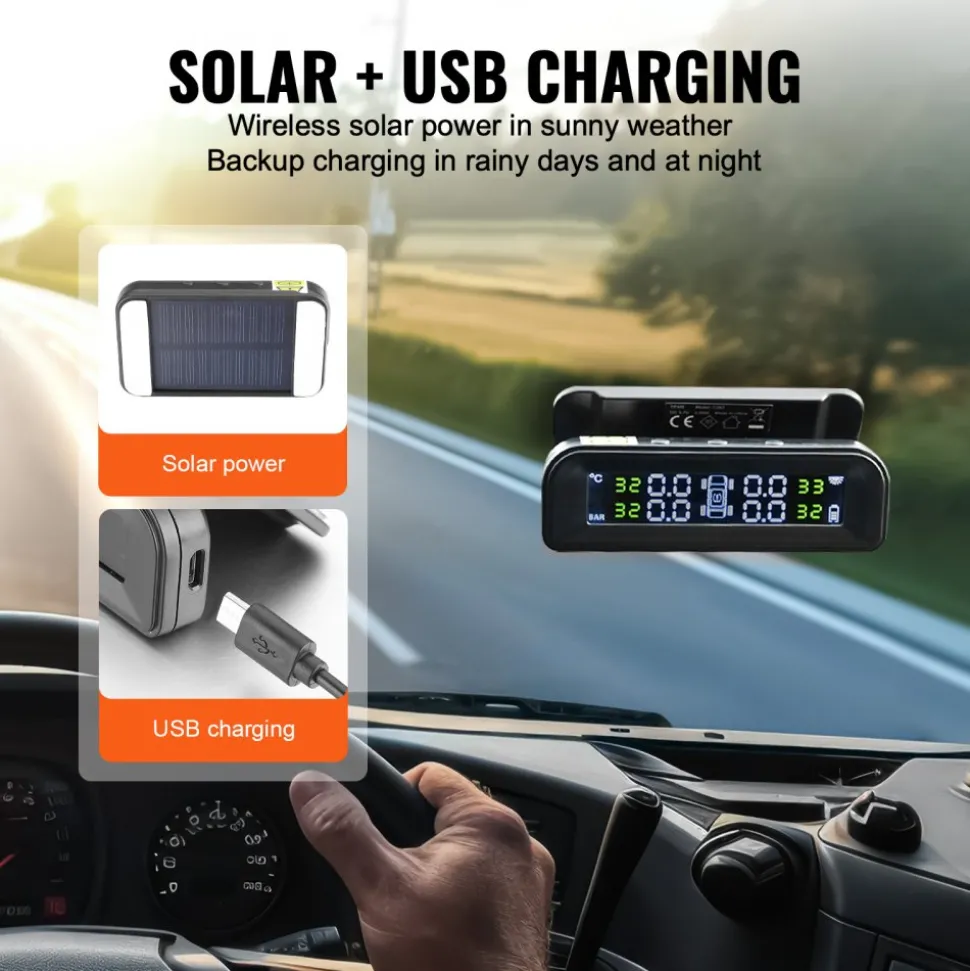 VEVOR RV Tire Pressure Monitoring System, 7.3-87 PSI Trailer TPMS, Universal Wireless Car Alarm System, Waterproof TPMS Sensors Set with Solar Charge, 4 Sensors, 5 Alarm Modes, and Real-time Display