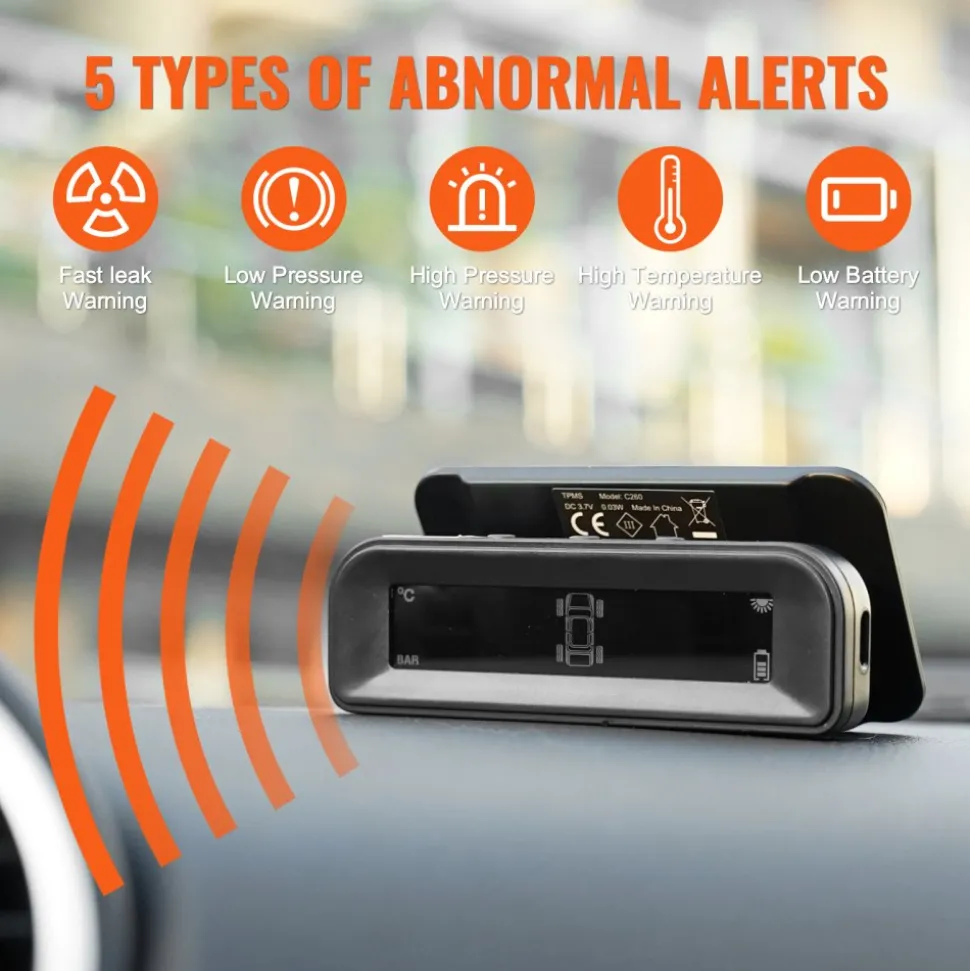VEVOR RV Tire Pressure Monitoring System, 7.3-87 PSI Trailer TPMS, Universal Wireless Car Alarm System, Waterproof TPMS Sensors Set with Solar Charge, 4 Sensors, 5 Alarm Modes, and Real-time Display