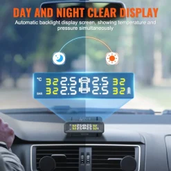 VEVOR RV Tire Pressure Monitoring System, 7.3-87 PSI Trailer TPMS, Universal Wireless Car Alarm System, Waterproof TPMS Sensors Set with Solar Charge, 4 Sensors, 5 Alarm Modes, and Real-time Display