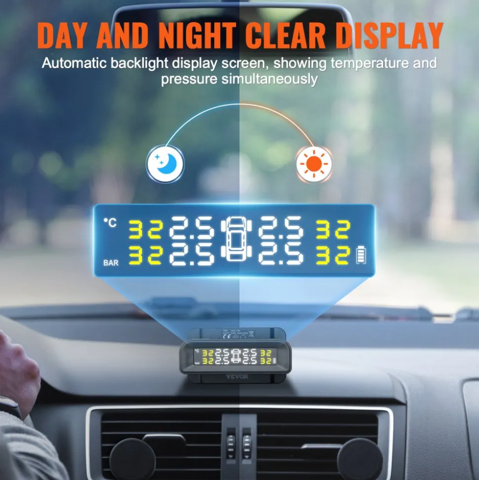 VEVOR RV Tire Pressure Monitoring System, 7.3-87 PSI Trailer TPMS, Universal Wireless Car Alarm System, Waterproof TPMS Sensors Set with Solar Charge, 4 Sensors, 5 Alarm Modes, and Real-time Display