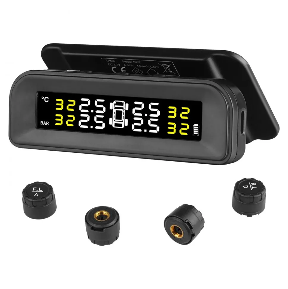 VEVOR RV Tire Pressure Monitoring System, 7.3-87 PSI Trailer TPMS, Universal Wireless Car Alarm System, Waterproof TPMS Sensors Set with Solar Charge, 4 Sensors, 5 Alarm Modes, and Real-time Display