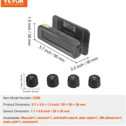 VEVOR RV Tire Pressure Monitoring System, 7.3-87 PSI Trailer TPMS, Universal Wireless Car Alarm System, Waterproof TPMS Sensors Set with Solar Charge, 4 Sensors, 5 Alarm Modes, and Real-time Display