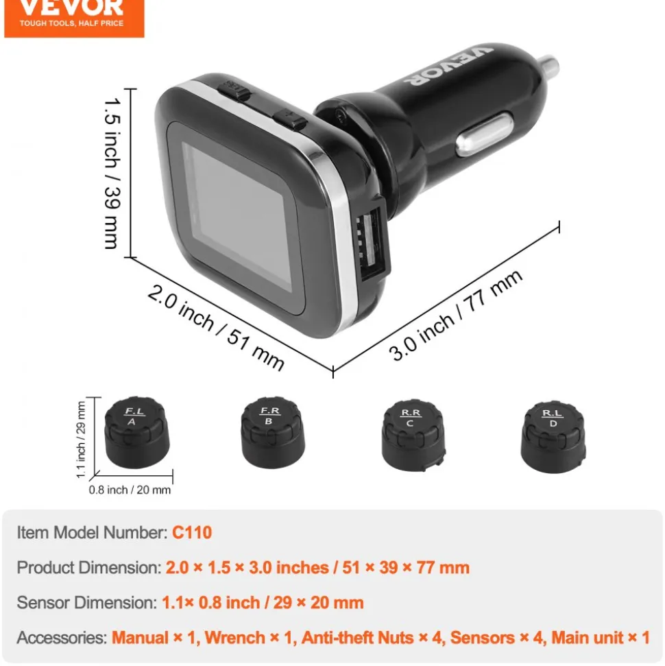 VEVOR RV Tire Pressure Monitoring System, 7.3-87 PSI Trailer TPMS, Universal Wireless Car Alarm System, Waterproof TPMS Sensors Set with 4 Sensors, 5 Alarm Modes, Real-time Display, Easy to Install