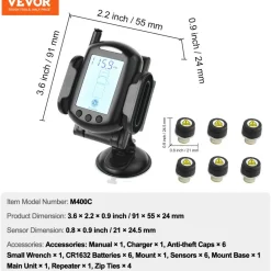 VEVOR RV Tire Pressure Monitoring System, 0-199 PSI Trailer TPMS, Universal Wireless Car Alarm System, Waterproof TPMS Sensors Set with 6 Sensors, 7 Alarm Modes, Real-time Display, Easy to Install