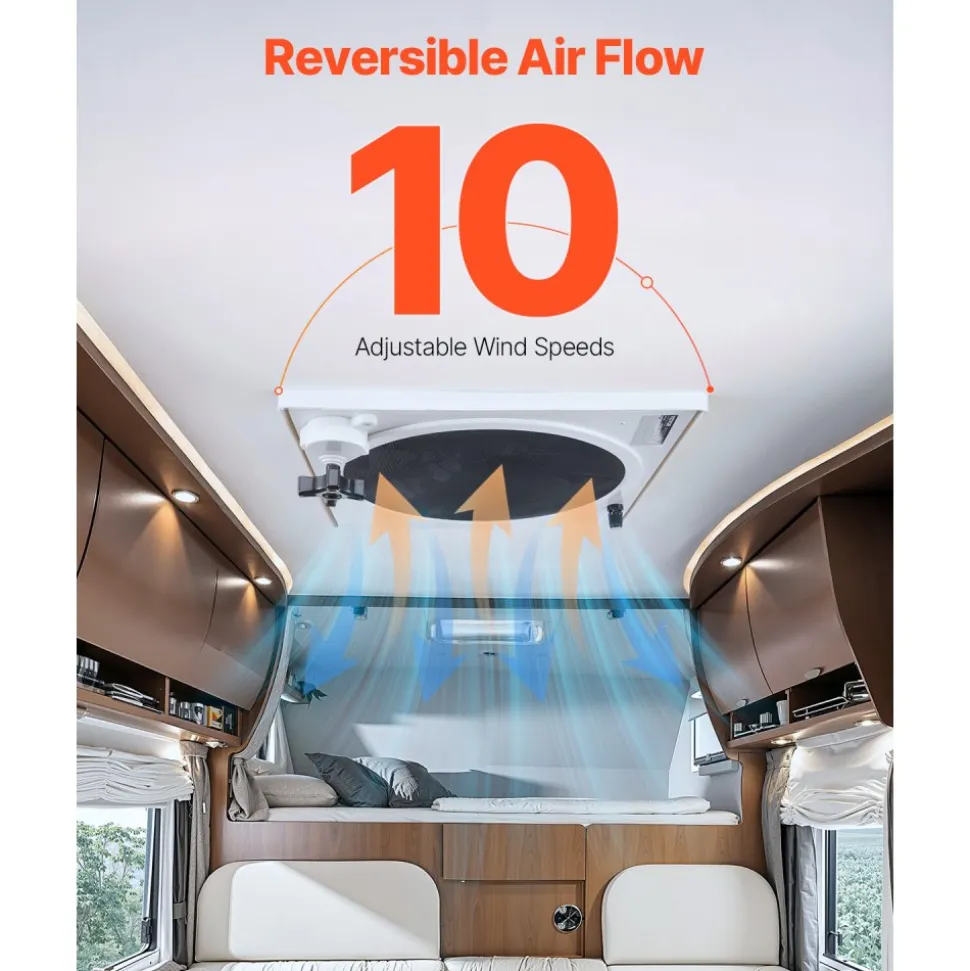 VEVOR RV Vent Fan, 14 inch RV Roof Vent Fan 12V, Powerful 10-Speed Reversible Fan with Remote Control, Built-in Rain Cover, Power Top Lid,12 inch Fan Blade,Fits 14 x14 inch Roof Openings