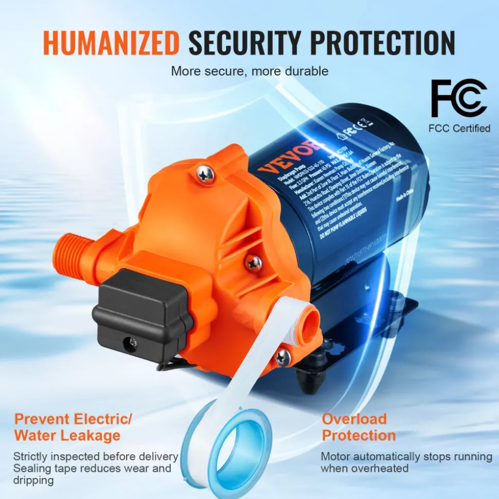 VEVOR RV Water Pressure Diaphragm Pump 3Chambers 110V 3.3GPM 45PSI Adjustable Presssure Fresh Water Pump, Self Priming Sprayer Pump for RV Camper Marine Boat Lawn