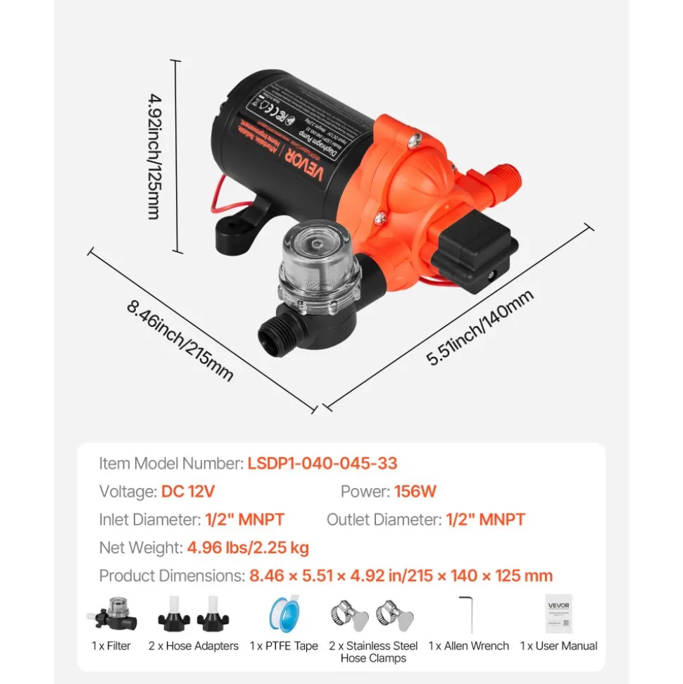 VEVOR RV Water Pump, 12V DC 4 GPM (15.1 L/min), 3-Chamber Self-Priming Diaphragm Water Pump with Automatic Pressure Switch, 40 PSI Max Pressure, On Demand for RV, Caravan, Marine, Yacht, Car Washing
