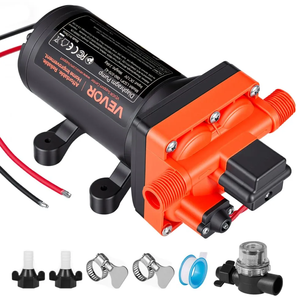 VEVOR RV Water Pump, 12V DC 6 GPM (22.7 L/min), 4-Chamber Self-Priming Diaphragm Water Pump with Automatic Pressure Switch, 70 PSI Max Pressure, On Demand for RV, Caravan, Marine, Yacht, Car Washing