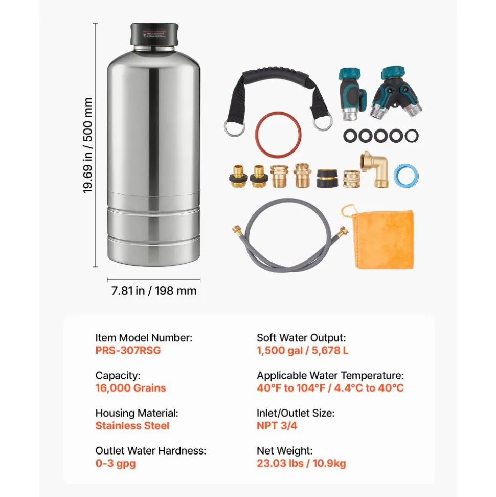 VEVOR RV Water Softener, 16,000 Grain, Portable Water Softener with NPT 3/4" Fittings, Food-Grade Resin, Stainless Steel, Quick Connect, for RVs, Trailers, Boats, Mobile Car Washing, Pressure Washing