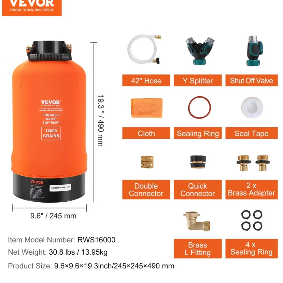 VEVOR RV Water Softener, 16,000 Grain Portable Water Softener, with 3/4" Brass Fittings and 42" Hose, Soften Hard Water Filter System for RVs, Trailers, Boats, Mobile Car Washing, Pressure Washing