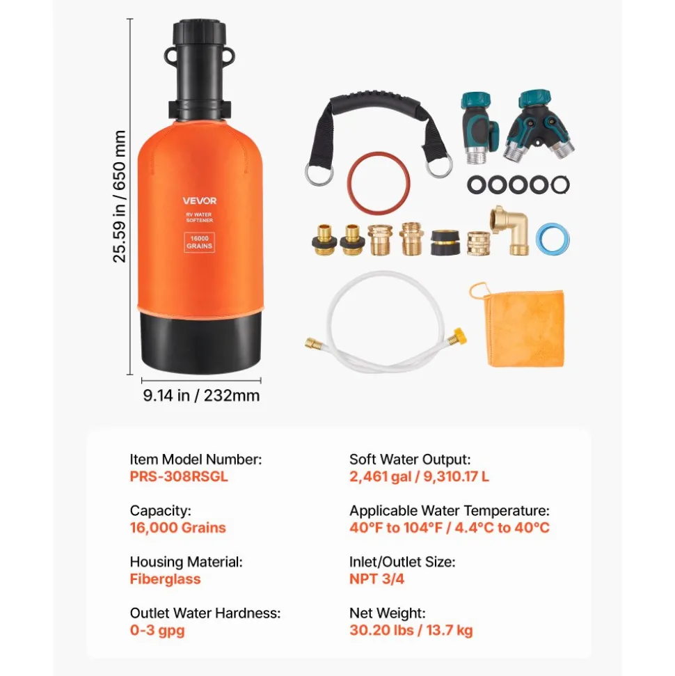 VEVOR RV Water Softener, 12,000 Grain, Portable Water Softener System with NPT 3/4" Fittings, Food-Grade Resin, Quick Connect, Convenient for RVs, Trailers, Boats, Mobile Car Washing, Pressure Washing