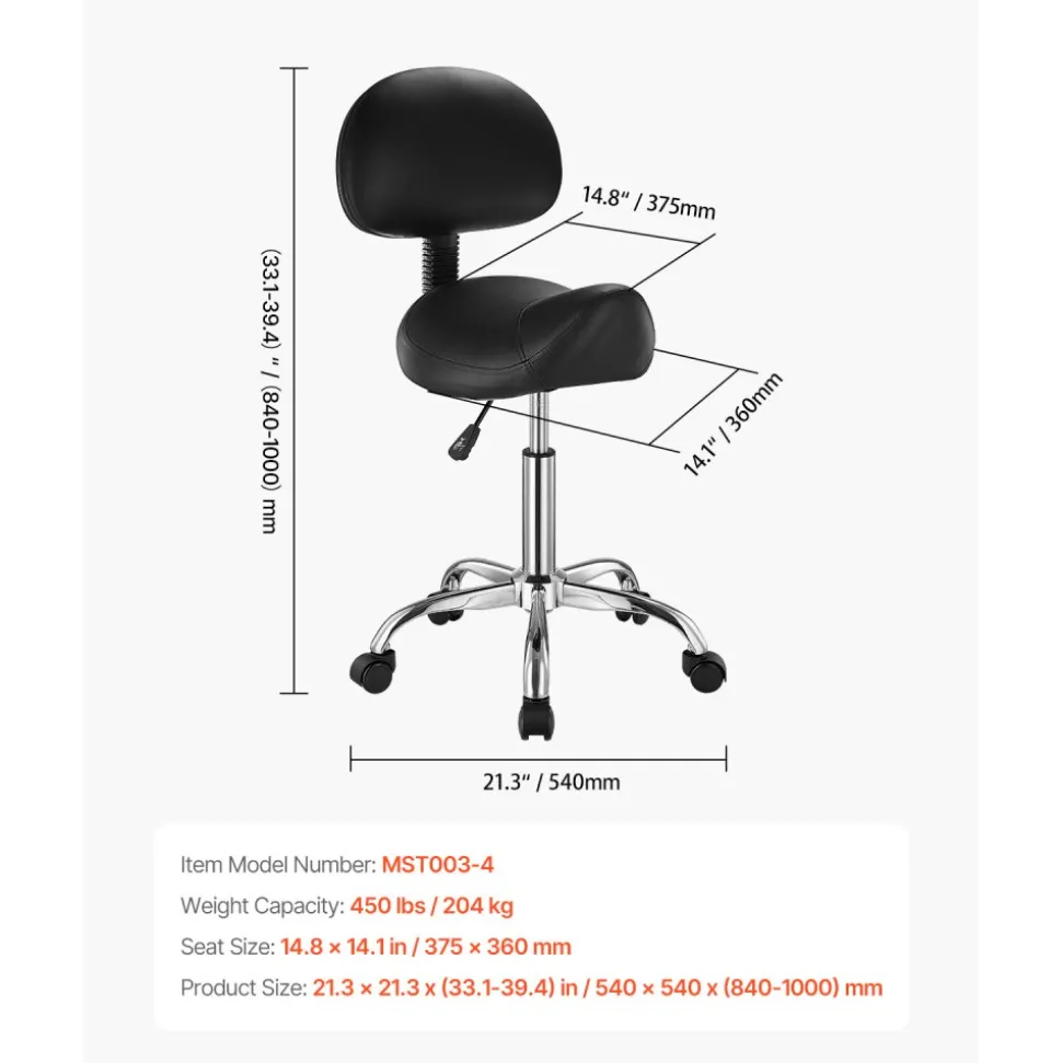 VEVOR Saddle Stool with Back Support and Wheels, 450 LBS Weight Capacity Ergonomic Rolling Stool, Height Adjustable Thickened PU Leather Swivel Saddle Chair for Salon, Spa, Massage, Tattoo, Black