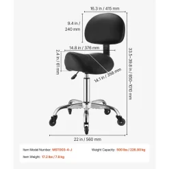 VEVOR Saddle Stool with Back Support, 500 lbs Weight Capacity, Height Adjustable, Quiet Casters, Ergonomic PU Leather Seat, 360° Swivel Saddle Stool Rolling Chair for Salon, Spa, Bar, Medical, Black
